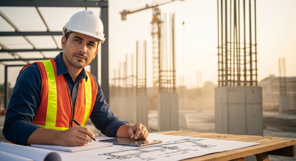 Engenheiro civil na obra, conferindo plantas e anotando cálculos estruturais ao pôr do sol